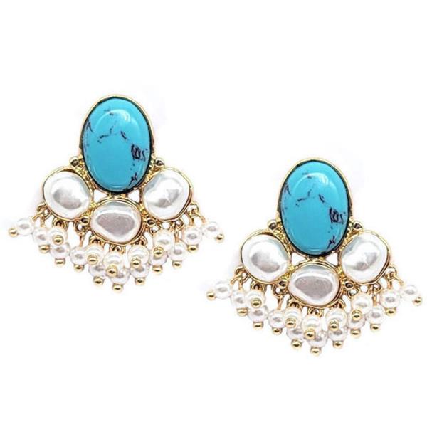 RODEO WESTERN OVAL TURQUOISE PEARL BEAD POST EARRING