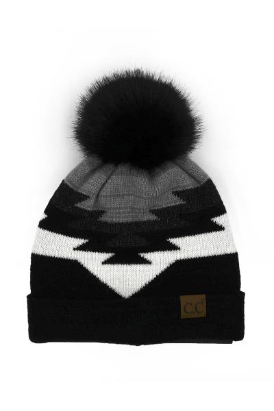 CC AZTEC PATTERN BEANIE HAT WITH POM