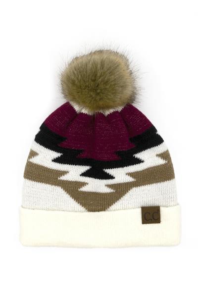 CC AZTEC PATTERN BEANIE HAT WITH POM