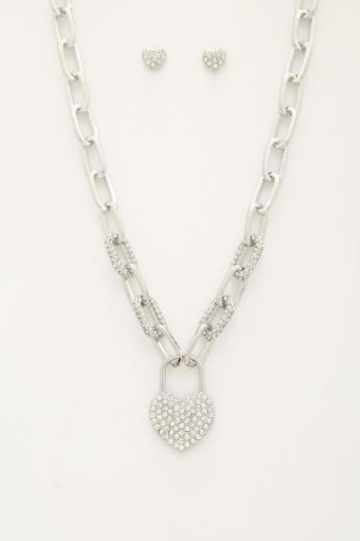 HEART LOCK RHINESTONE PAPER CLIP LINK NECKLACE