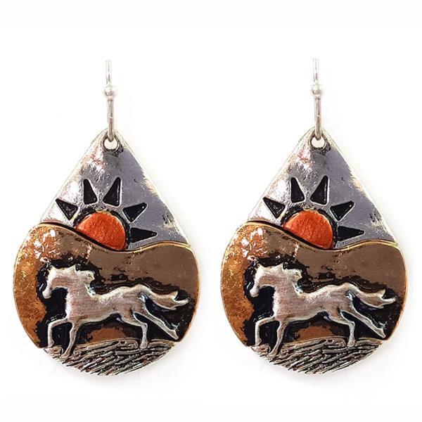 RODEO WESTERN RUSTIC ANTIQUE TEARDROP HORSE DANGLE EARRING