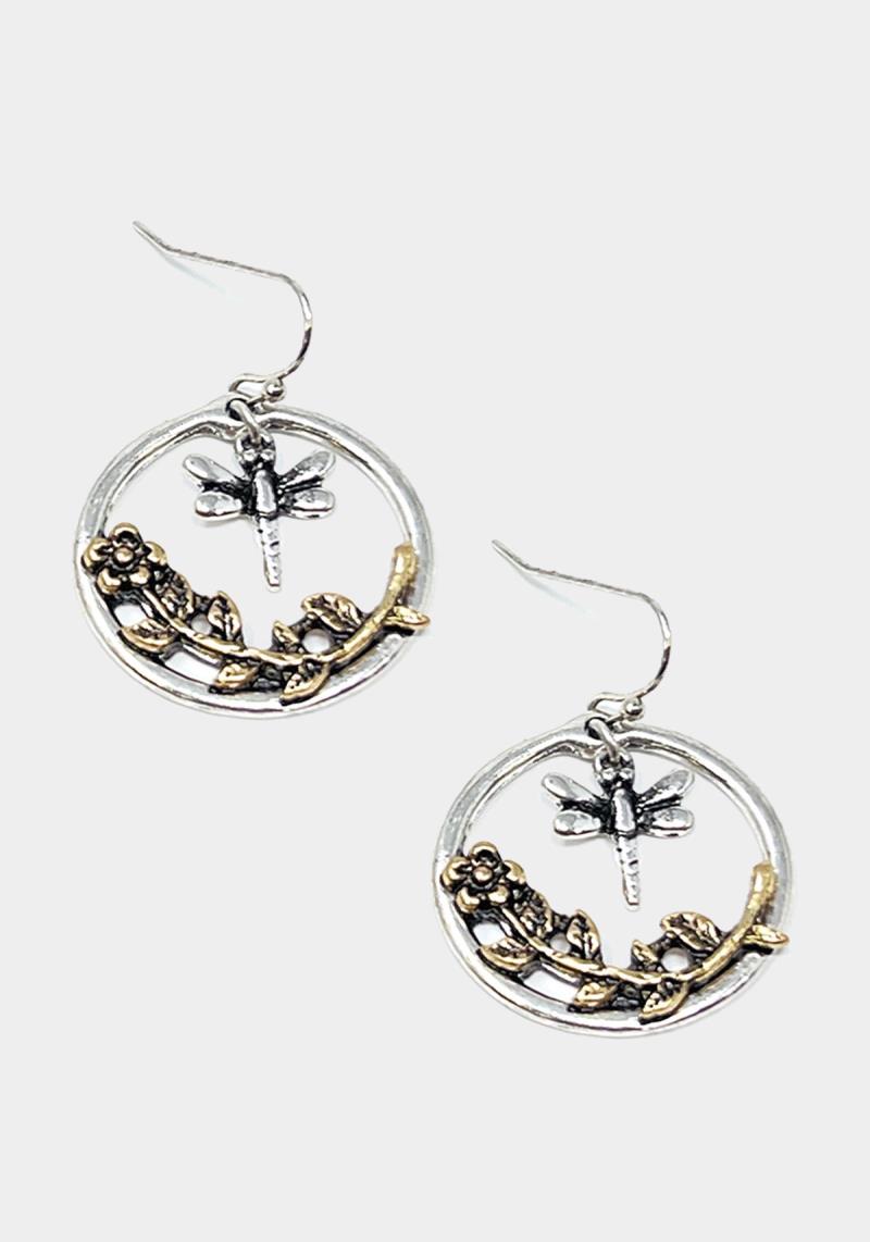 RODEO WESTERN RUSTIC ANTIQUE FLOWER DRAGONFLY DANGLE EARRING