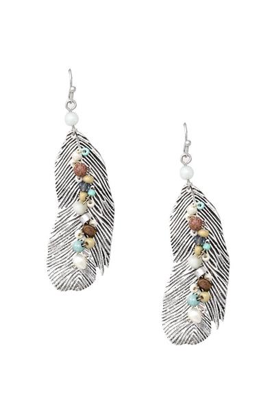 RODEO WESTERN ANTIQUE FEATHER LEAF WITH BEADED ACCENT DANGLE EARRING