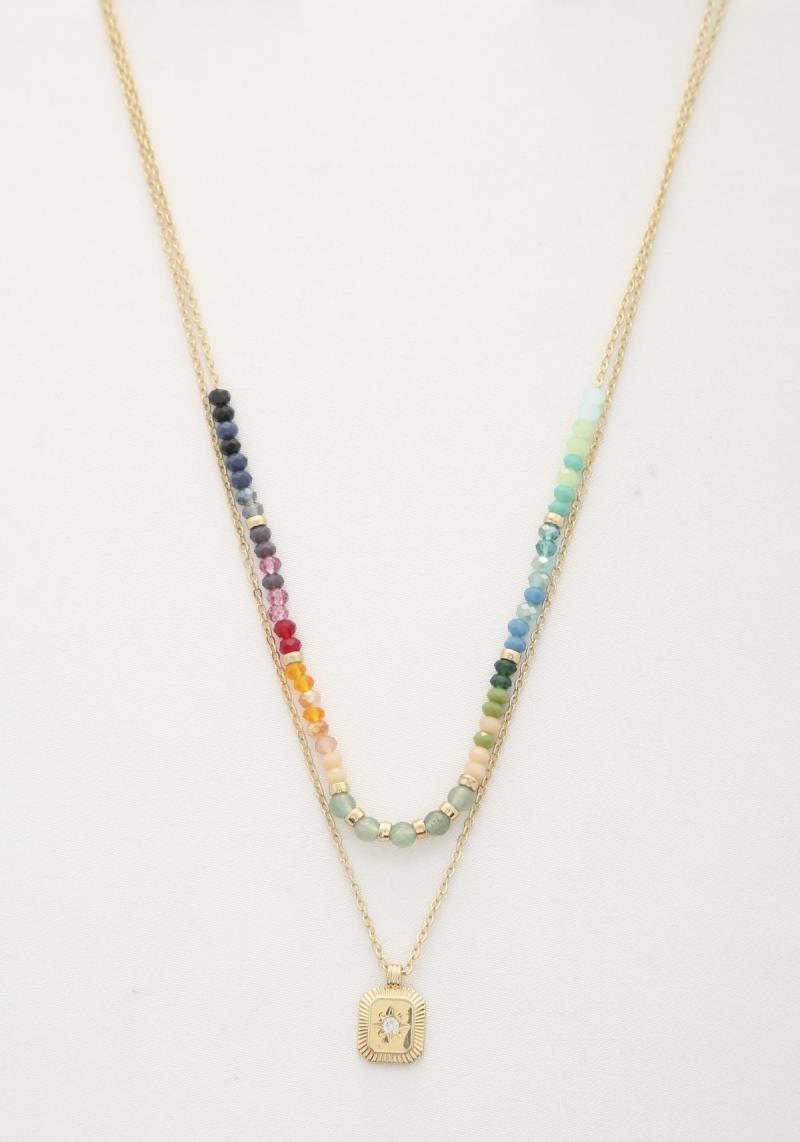 MEDALLION COLORFUL BEAD LAYERED NECKLACE