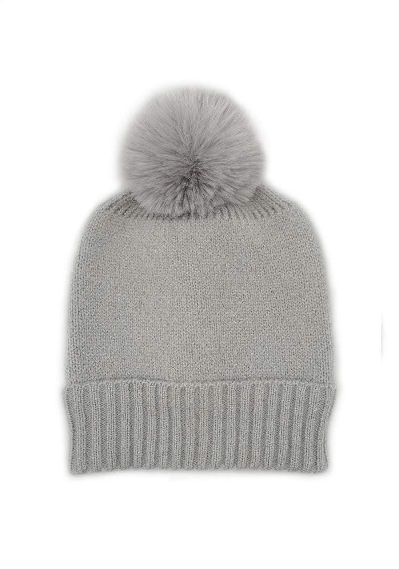 SOLID KNIT BEANIE WITH FAUX FUR POM