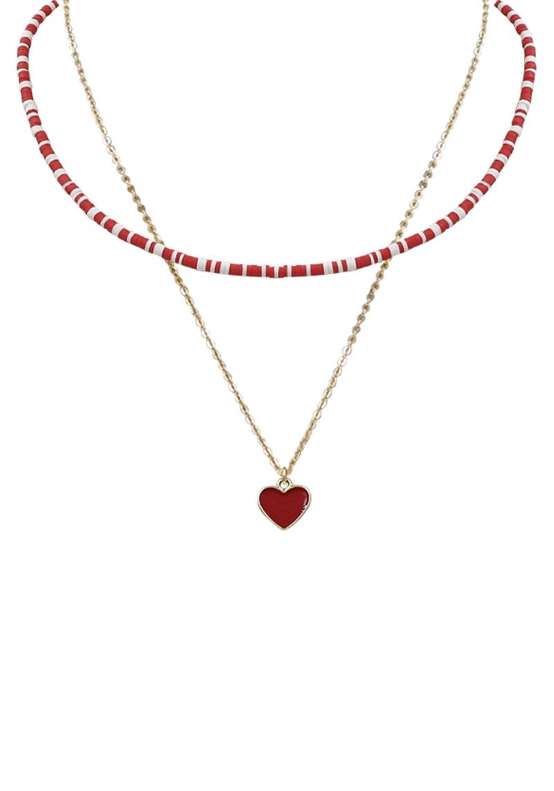 2 LAYERED RUBBER BEAD METAL CHAIN HEART PENDANT NECKLACE