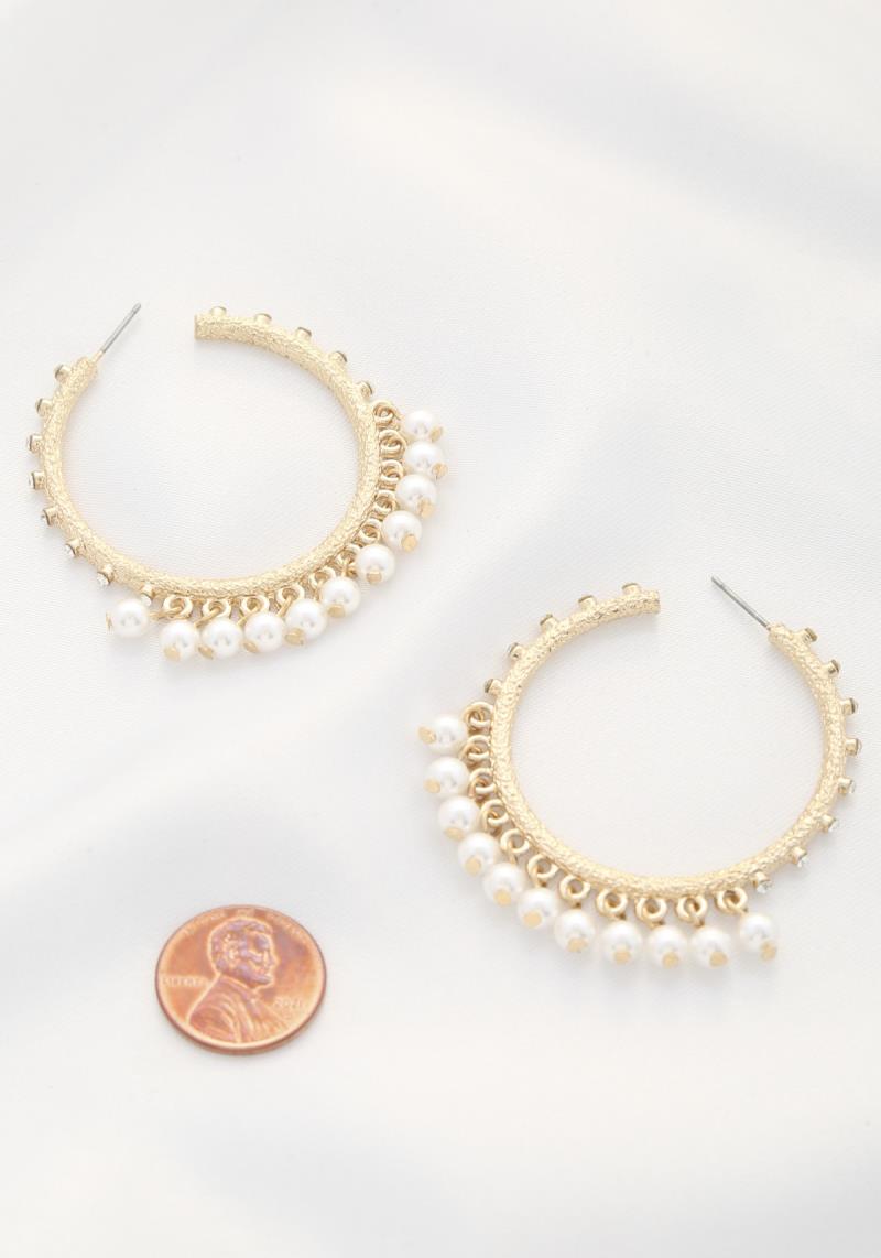 PEARL BEADED RHINESTONE EDGE OPEN HOOP EARRING