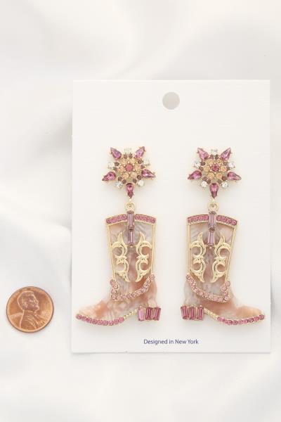 FILIGREE COWBOT BOOT ACETATE RHINESTONE DANGLE EARRING