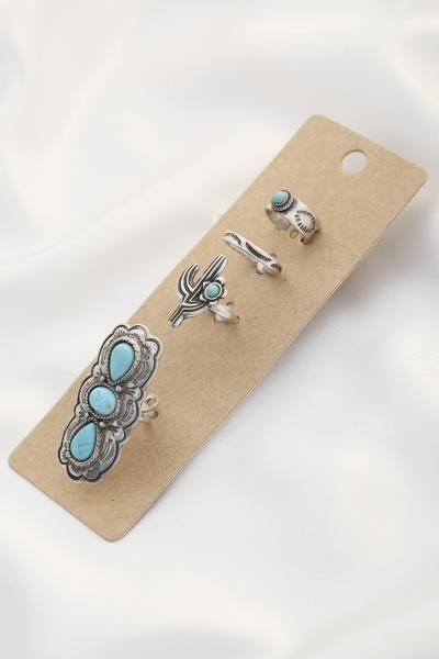 WESTERN CACTUS TURQUOISE BEAD ASSORTED RING SET