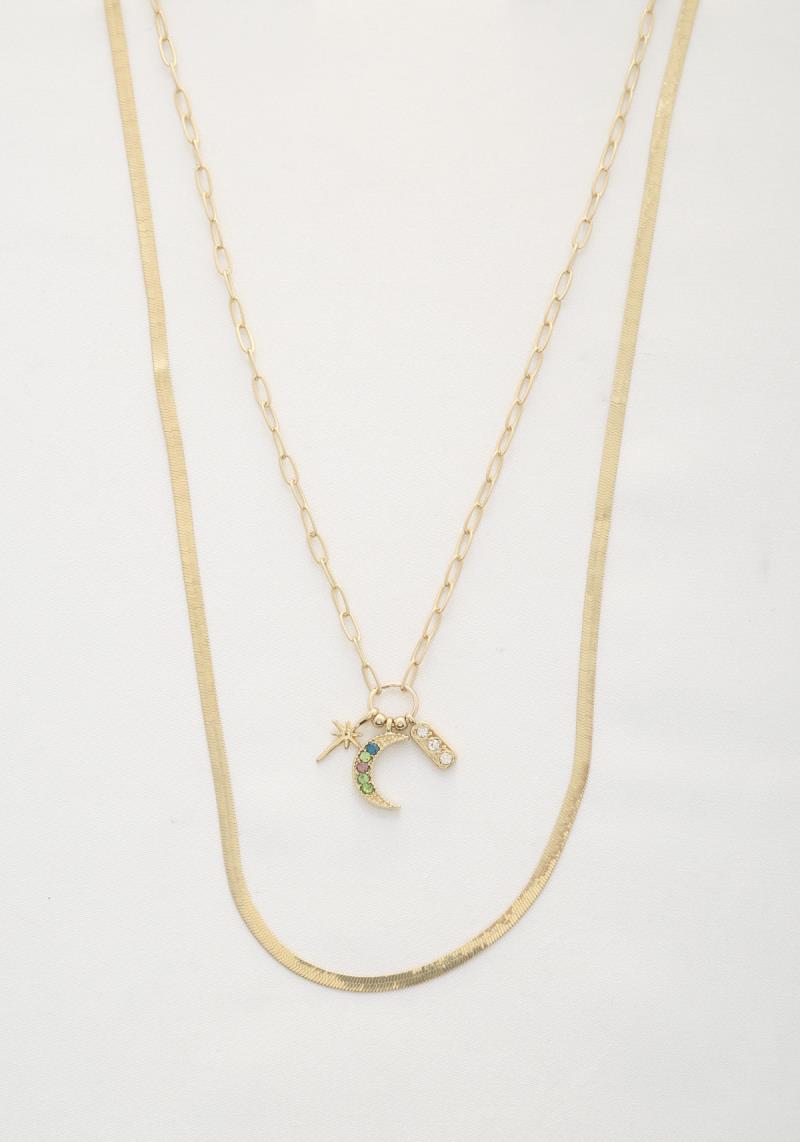 SODAJO MOON STAR CHARM FLAT SNAKE CHAIN LAYERED NECKLACE