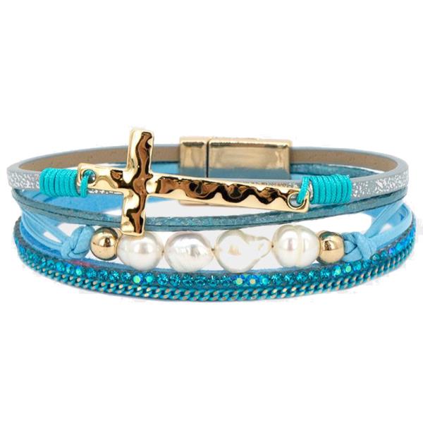 CROSS PEARL BEAD PU LEATTHER MAGNETIC BRACELET