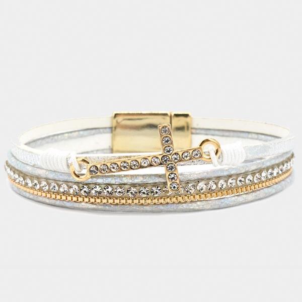 CRYSTAL CROSS PU LEATHER MAGNETIC BRACELET