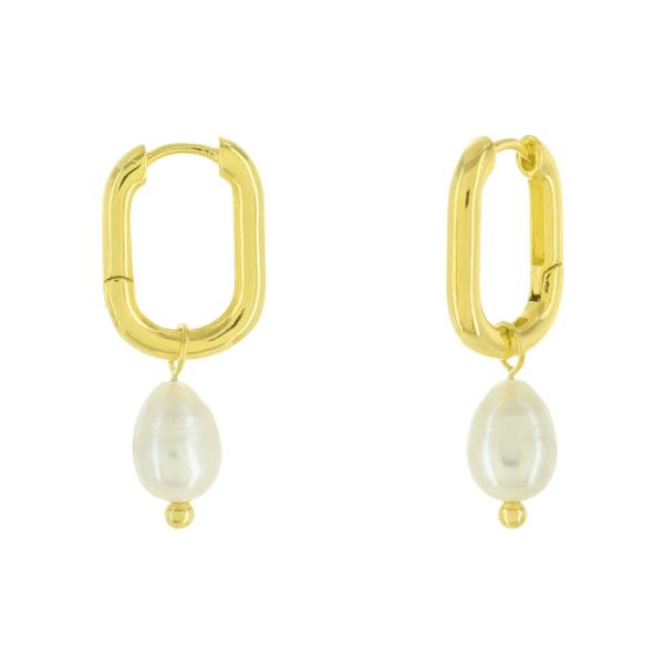 BRASS GOLD PLATED WITH WATER PEARL 25MM LONG HUGGIES EARRING