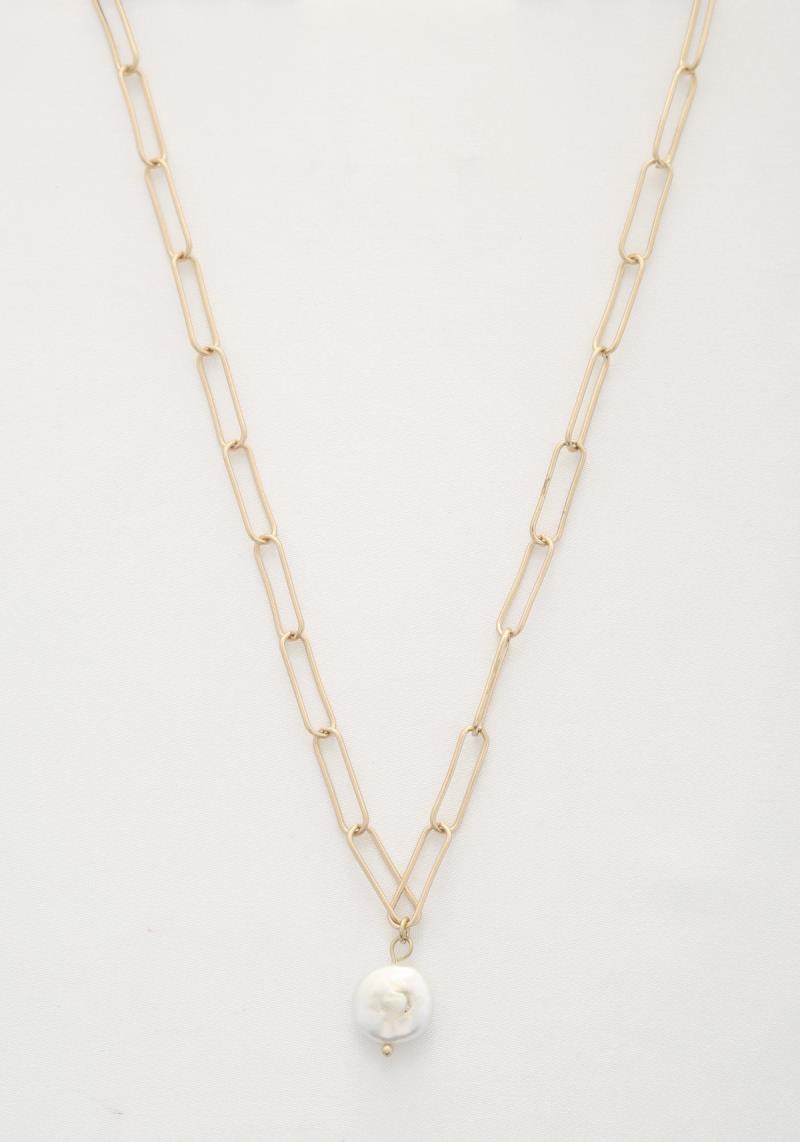 PEARL BEAD PAPERCLIP LINK NECKLACE