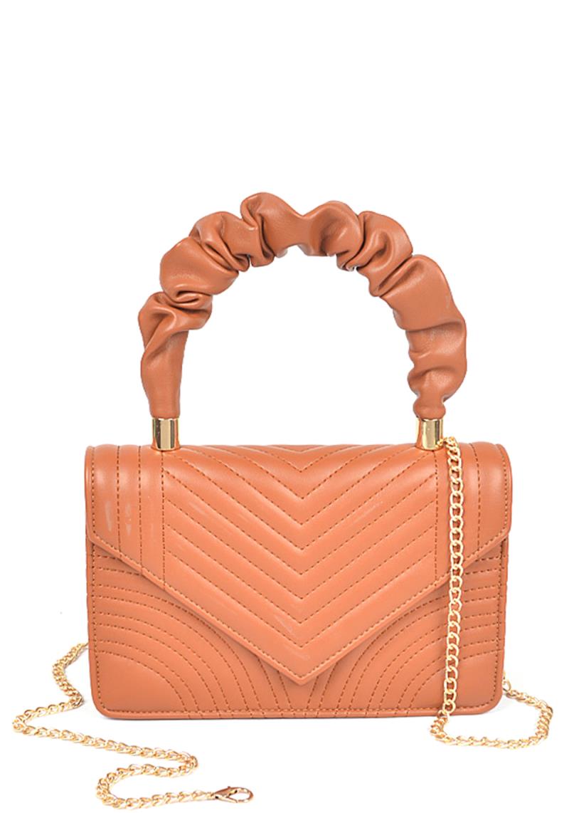 QUILTED FAUX LEATHER TOP HANDLE FLAP BAG