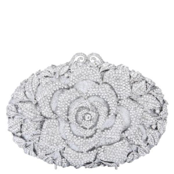 ROSE FLOWER ORNATE RHINESTONE MINAUDIERE CLUTCH BAG