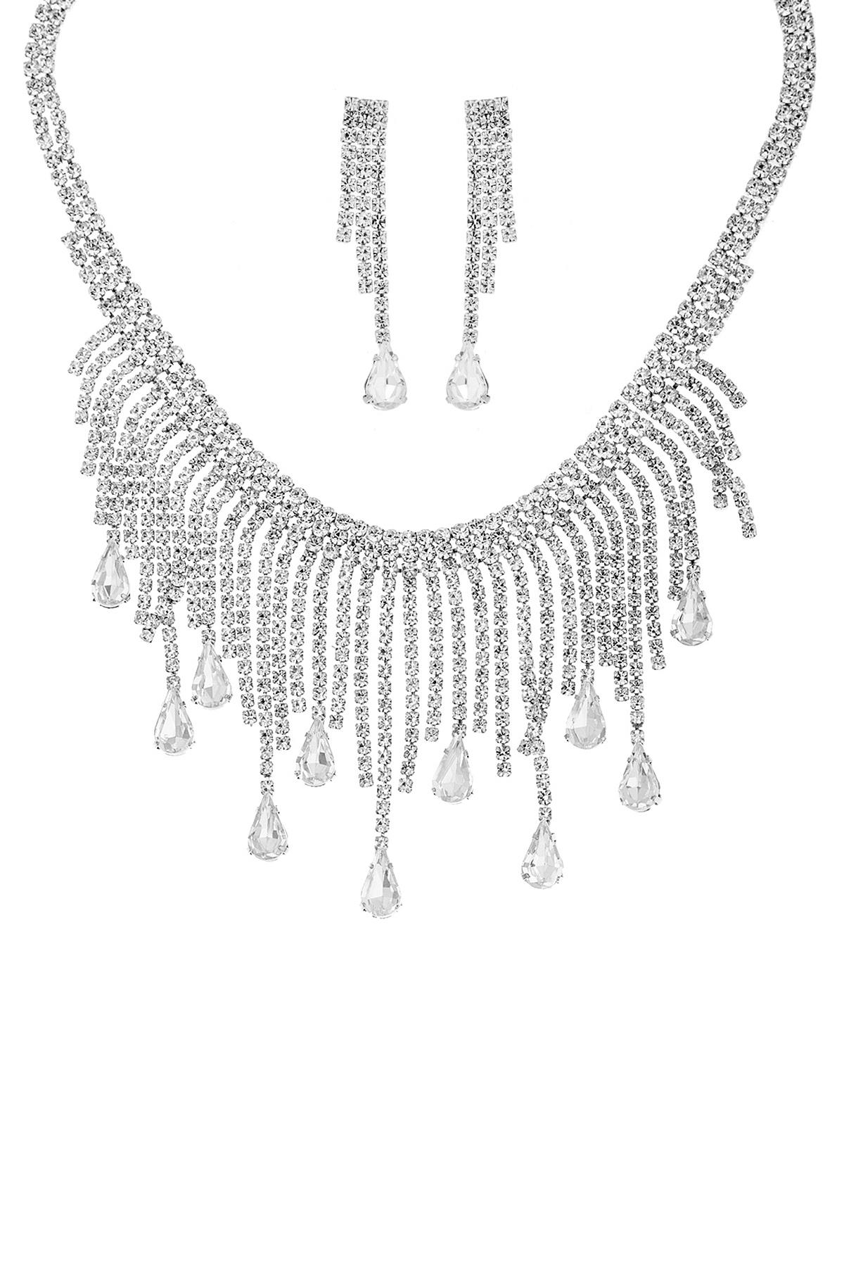 RHINESTONE TEARDROP FRINGE NECKLACE AND EARRING SET