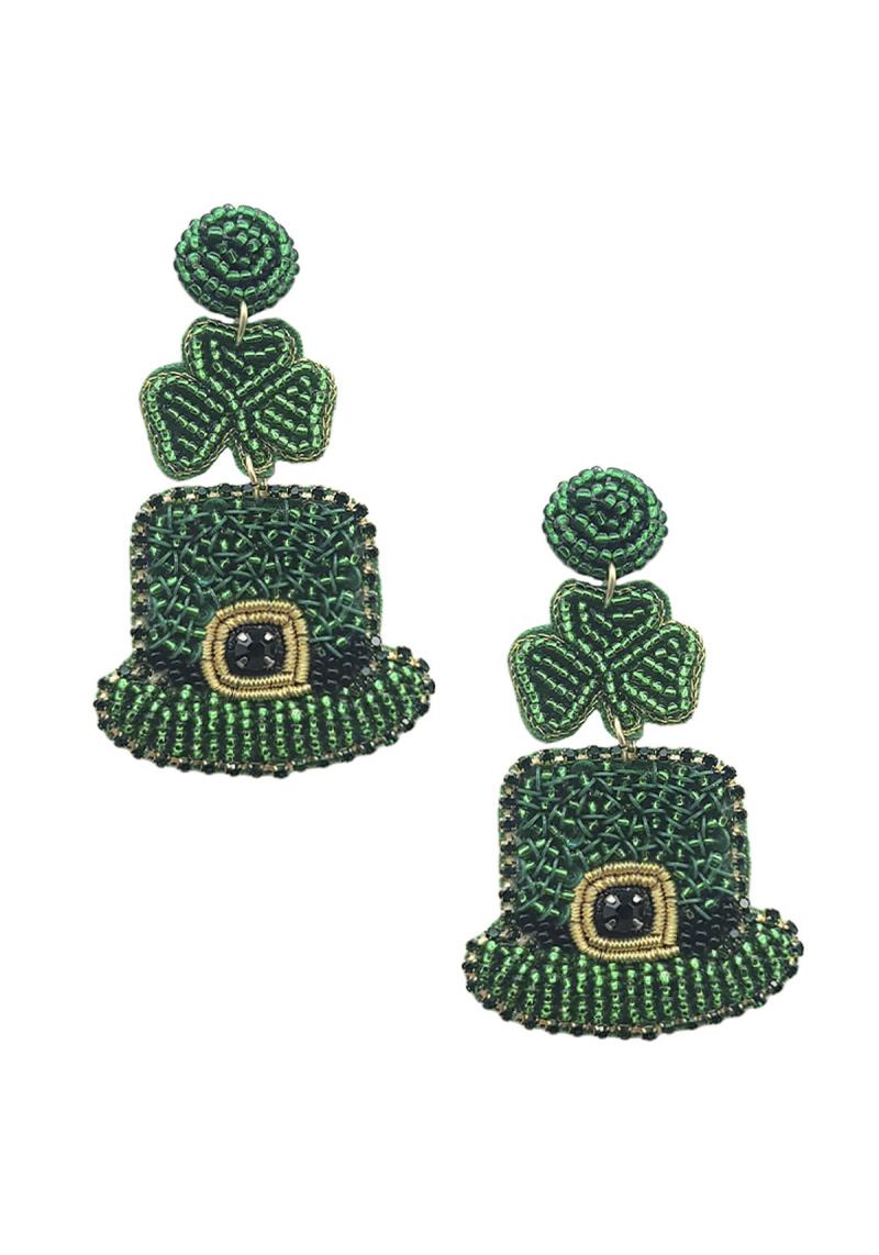 BEADED ST PATRICK`S HAT EARRING