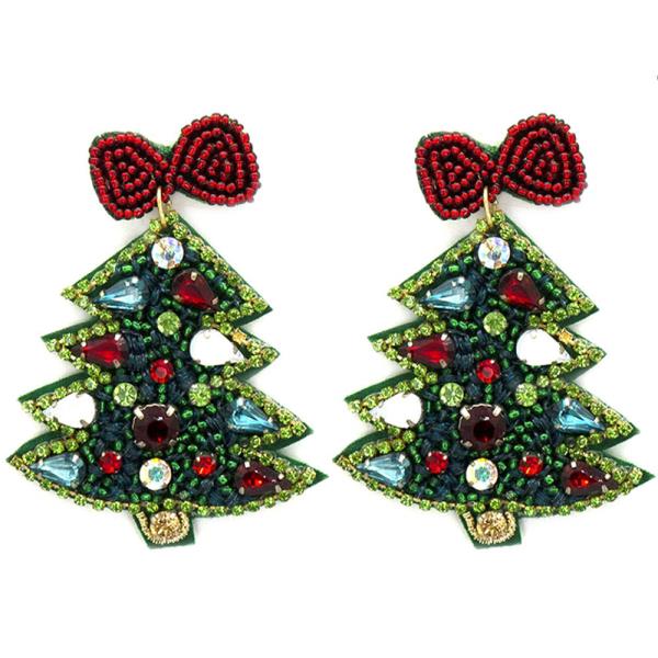 SEED BEAD CHRISTMAS TREE WITH RIBBON EARRING