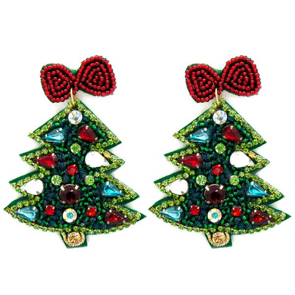 SEED BEAD CHRISTMAS TREE WITH RIBBON EARRING