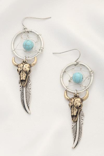 CATTLE SKULL DREAM CATCHER DANGLE EARRING