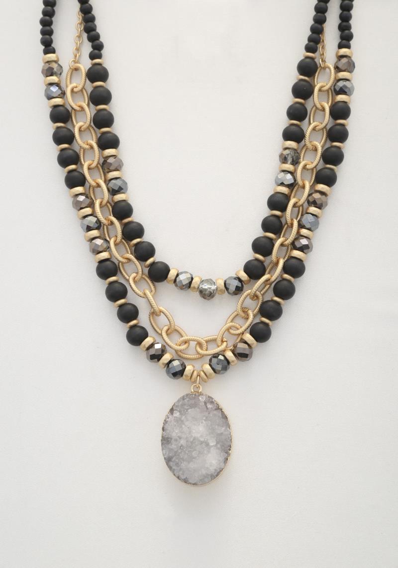 OVAL DRUZY STONE PENDANT BEADED LAYERED NECKLACE