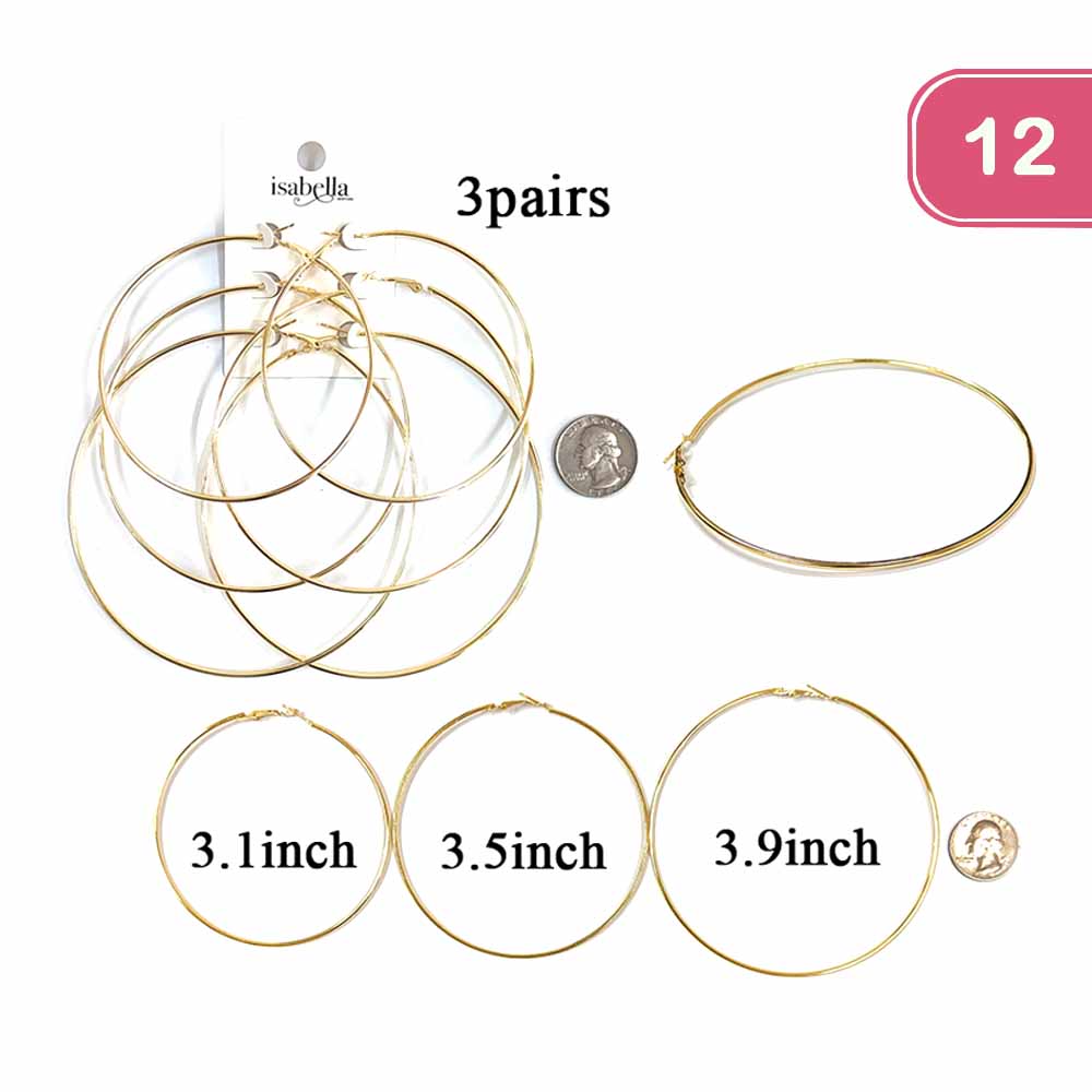 FASHION 3 PAIR HOOP EARRING 12 UNITS