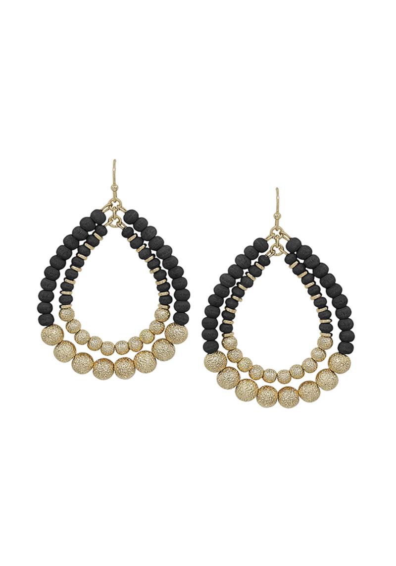 DOUBLE TEARDROP WOOD SATIN BALL EARRING