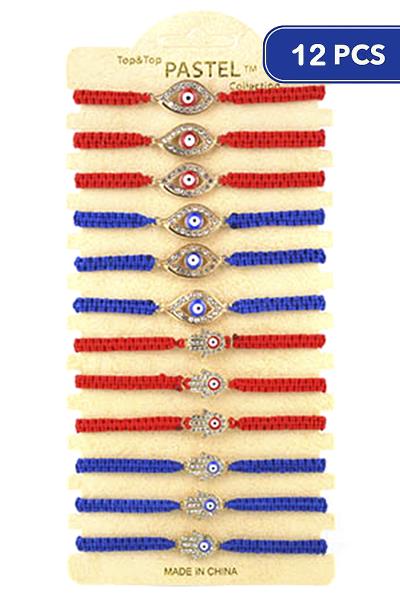 RHINESTONE EYE HAMSA HAND STRING BRACELET (12 UNITS)