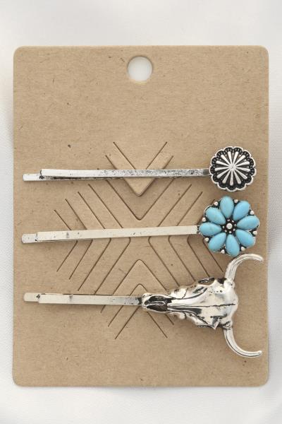 CATTLE SKULL WESTERN RODEO HAIR PIN SET