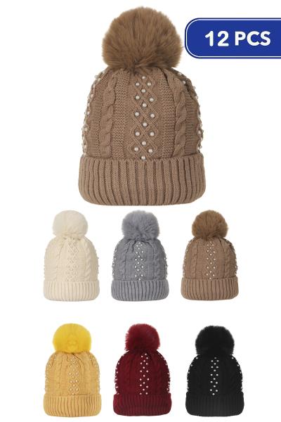 FASHION PEARL POM POM BEANIES (12 UNITS)