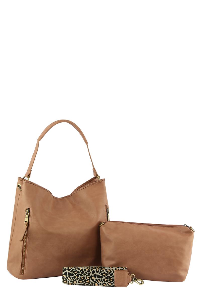 2IN1 PLAIN ZIPPER HOBO BAG WITH CROSSBODY SET