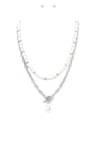 PEARL BEAD TOGGLE CLASP LAYERED NECKLACE