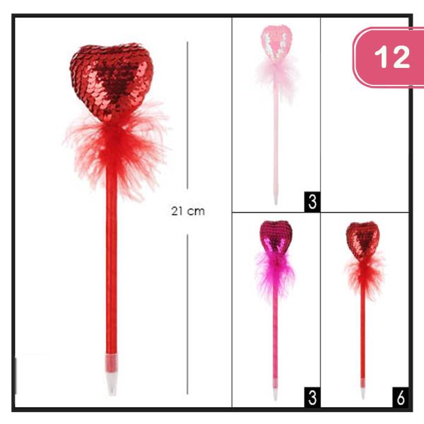 SEQUIN HEART FEATHER FUR PEN 12 UNITS