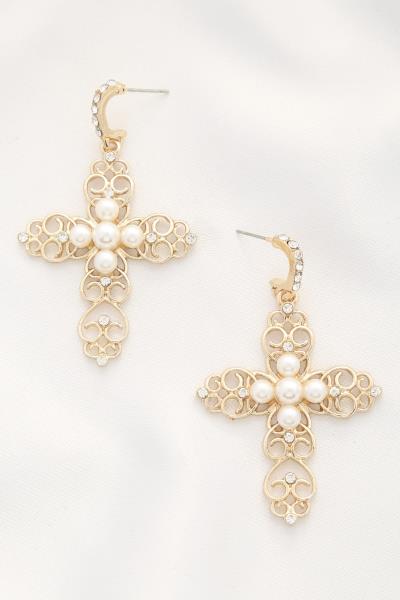 PEARL CROSS METAL DANGLE EARRING