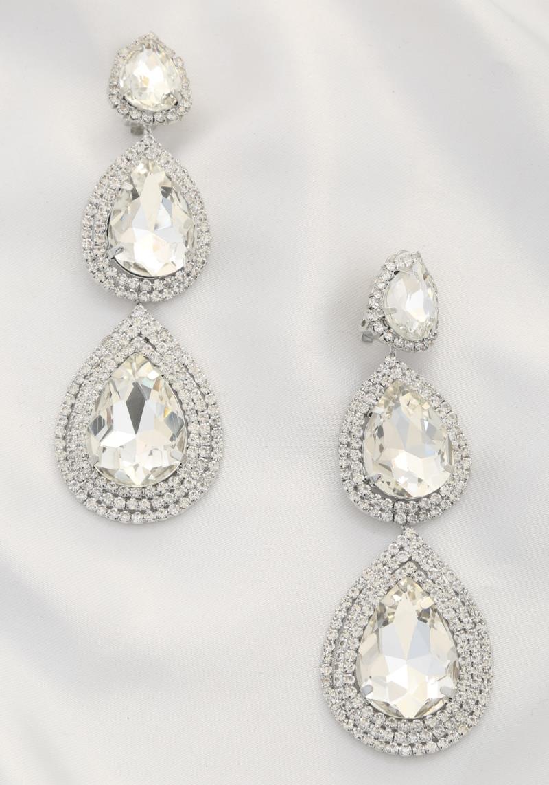 TRIPLE TEARDROP CRYSTAL CLIP DANGLE EARRING