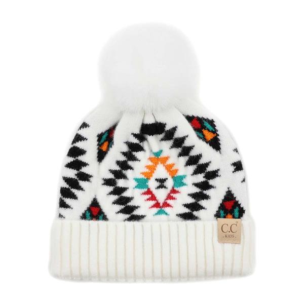 CC AZTEC PATTERN HAT WITH SOFT FAUX FUR POM