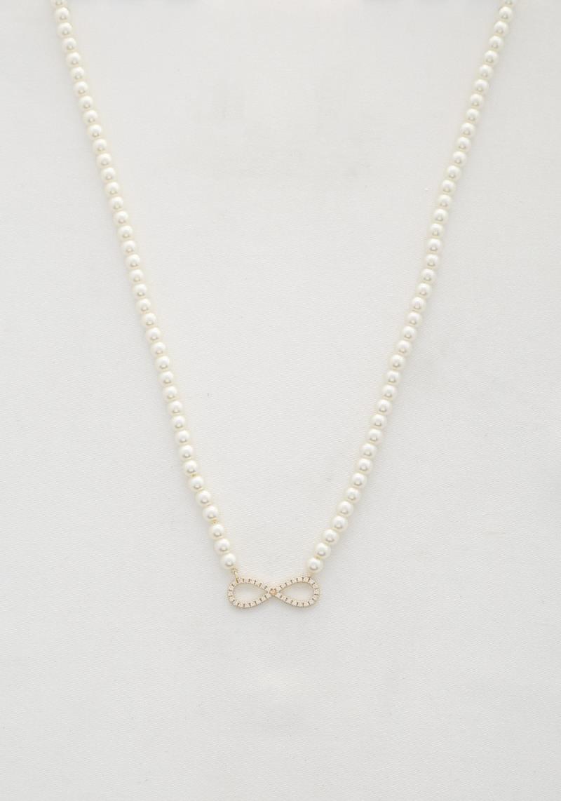 INFINITY BOW CHARM PEARL BEAD NECKLACE