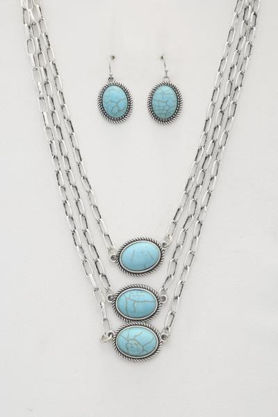 TURQUOISE OVAL BEAD LAYERED NECKLACE
