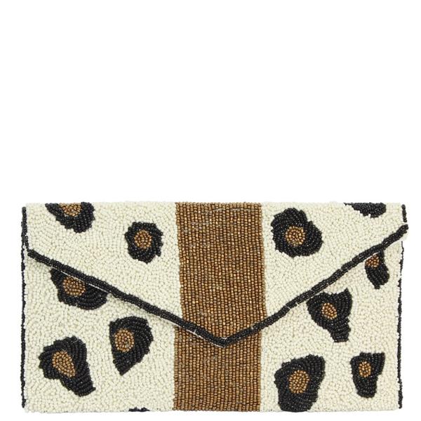 LEOPARD PRINT STRIPED DESIGN BEADED CLUTCH BAG