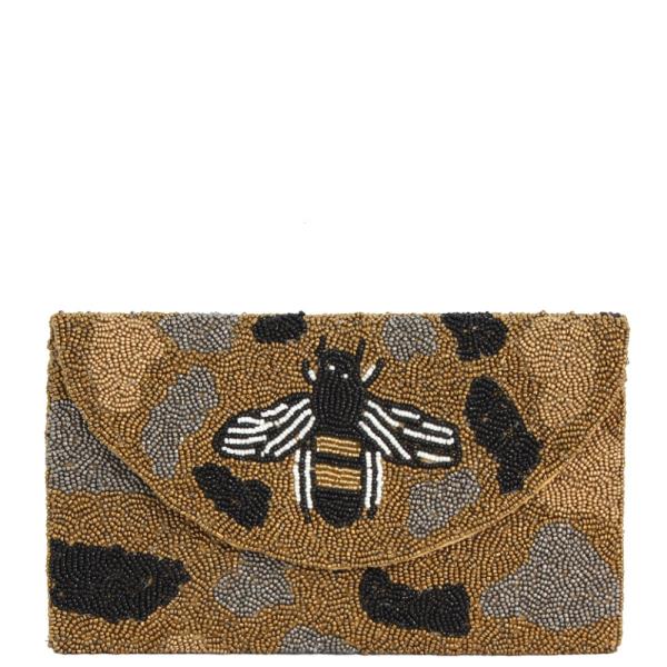 BEE CAMOUFLAGE DESIGN BEADED CLUTCH BAG