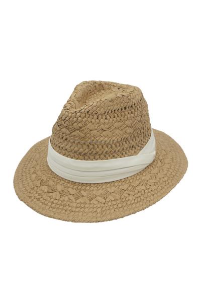 PATTERENED WEAVE BANDED WB STRAW FEDORA