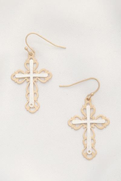 TWO TONE CROSS DANGLE EARRING