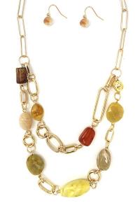 COLOR STONE METAL CHAIN LAYERED NECKLACE EARRING SET