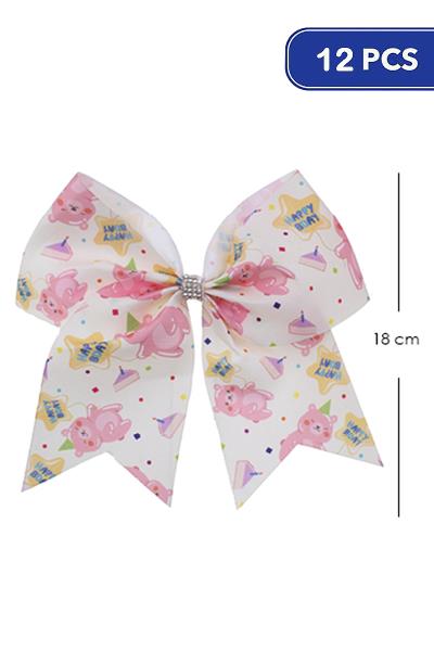 BEAR HAPPY BIRTHDAY PRINT RIBBON BOW TIE HAIR PIN CLIP (12 UNITS)