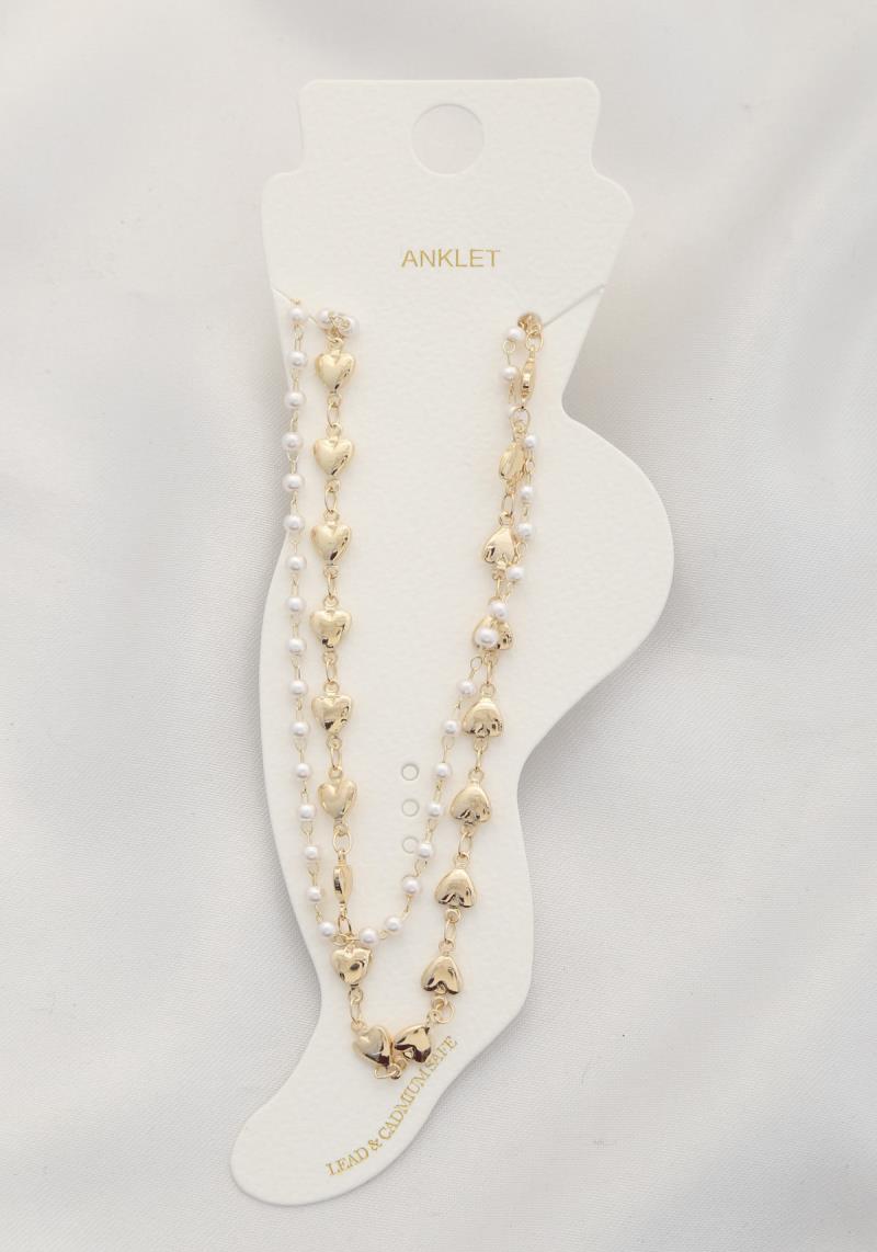 HEART CHARM PEARL LAYERED ANKLET