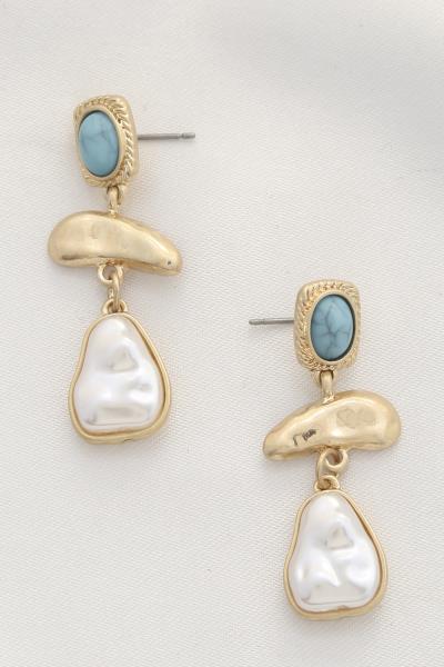 TURQUOISE PEARL METAL DANGLE EARRING