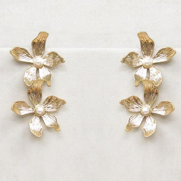 DOUBLE METAL FLOWER PERAL BEAD POST DANGLE EARRING