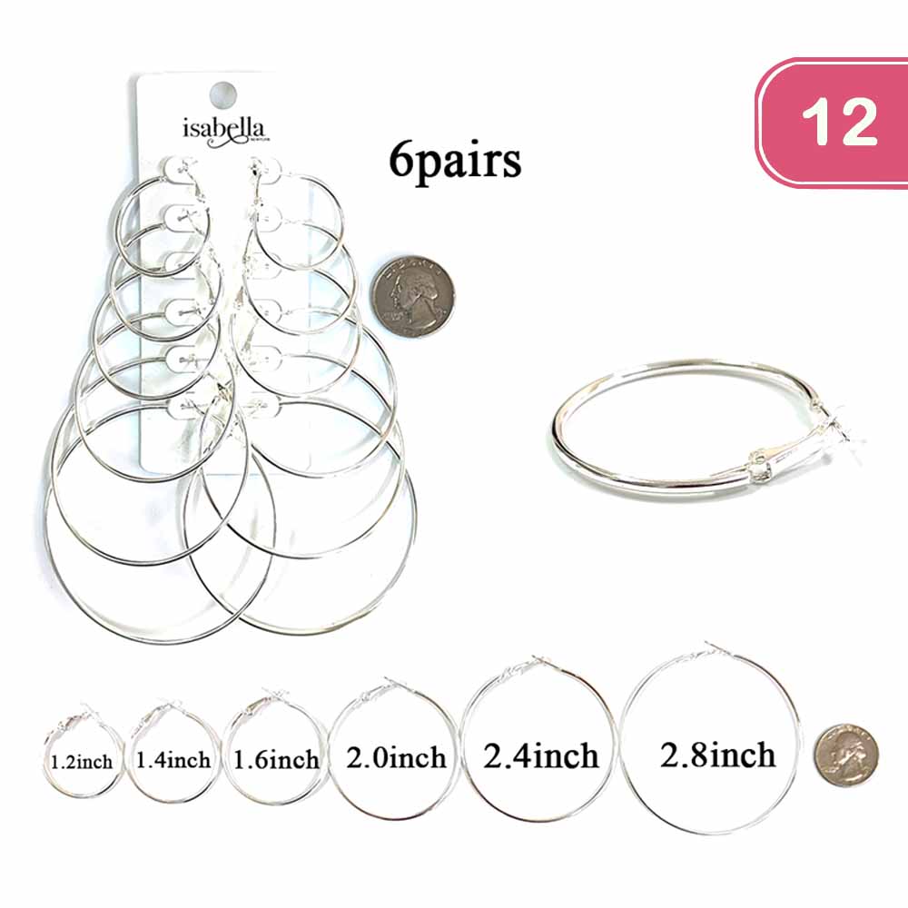 FASHION METAL HOOP 6 PAIR EARRING SET (12 UNITS)