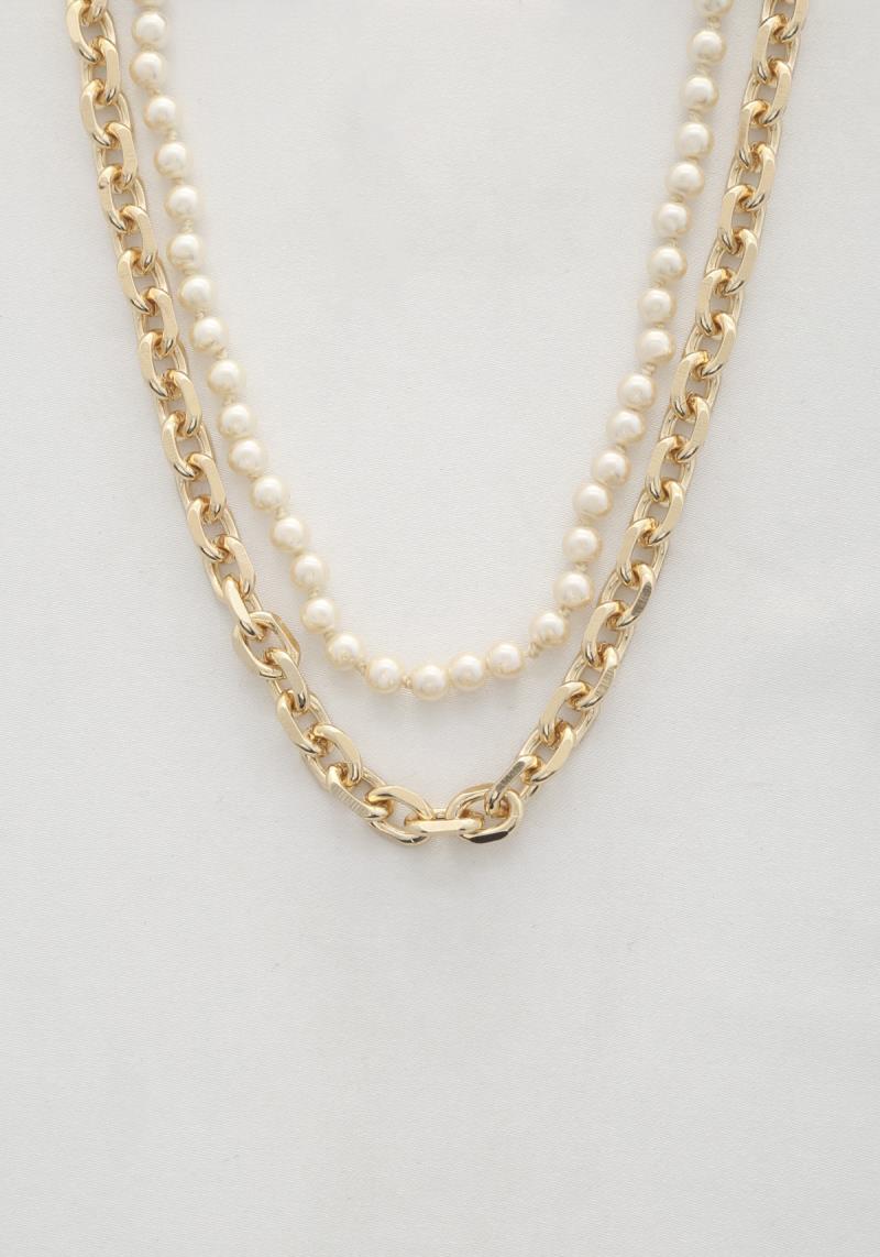 SODAJO PEARL BEAD OVAL LINK LAYERED NECKLACE